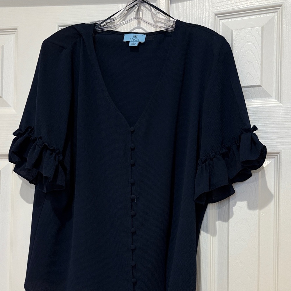 CeCe Black Button-Front Ruffle Sleeve Blouse